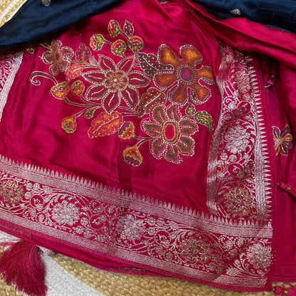 Blue Pink Sari Indian Fancy Stonework Party wear Silk Saree S145