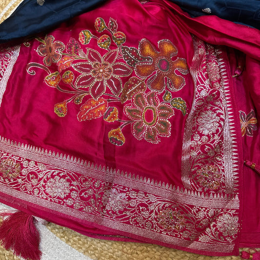 Blue Pink Sari Indian Fancy Stonework Party wear Silk Saree S145