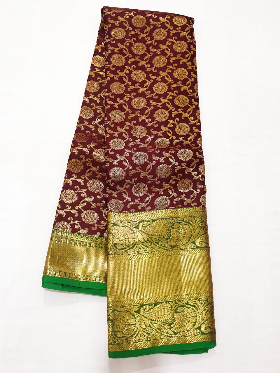 Bridal Kanchipuram Pure Silk Saree Brown Green Kanjivaram Sari| SPK154