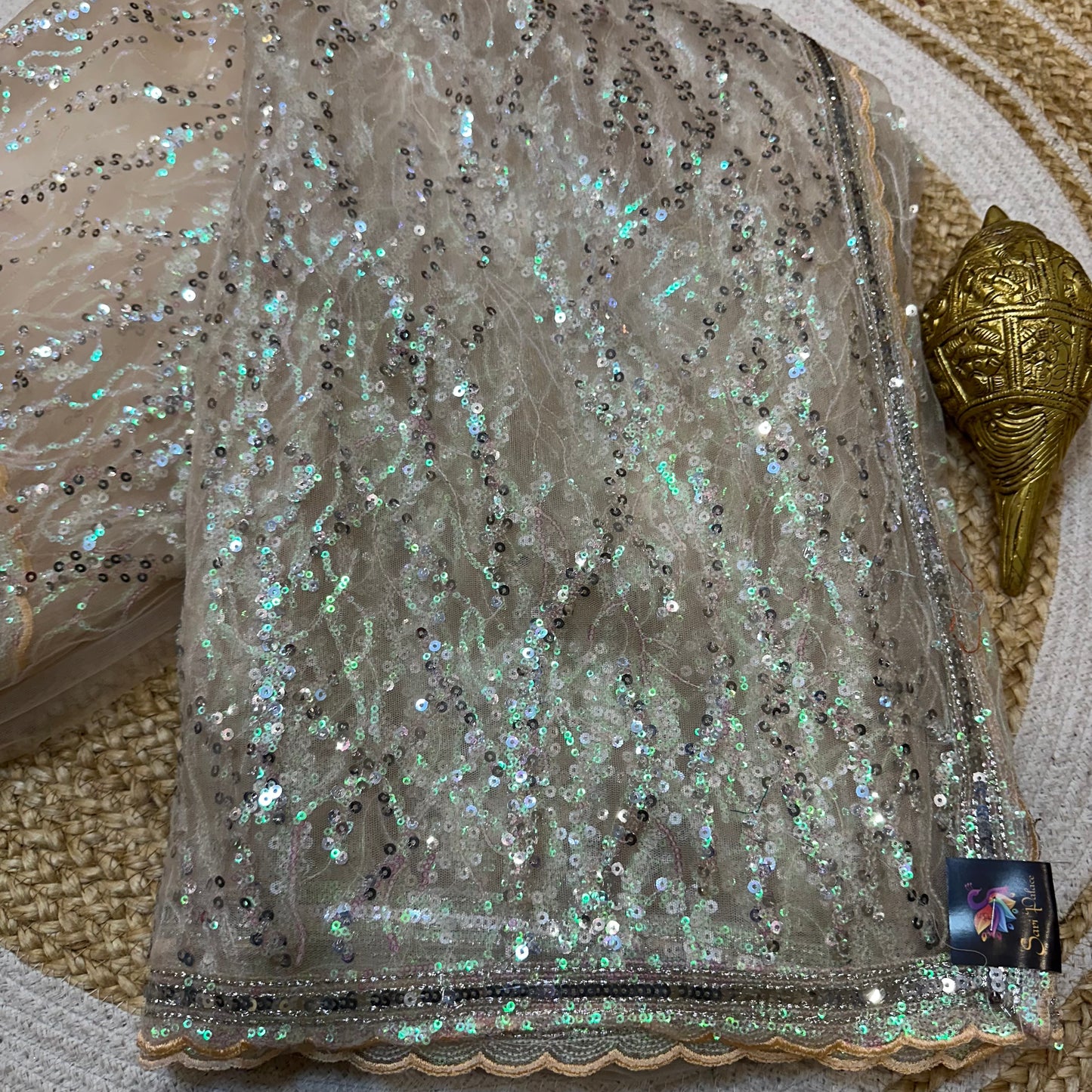 Net Sari Indian Bollywood Sequins Designer Fancy Party wear Saree Peach Z2