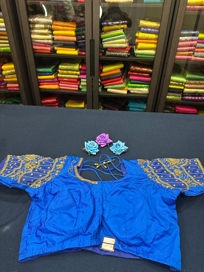 40” Aari hand Worked Sari Blouse Indian Top Choli Silk Blue B4