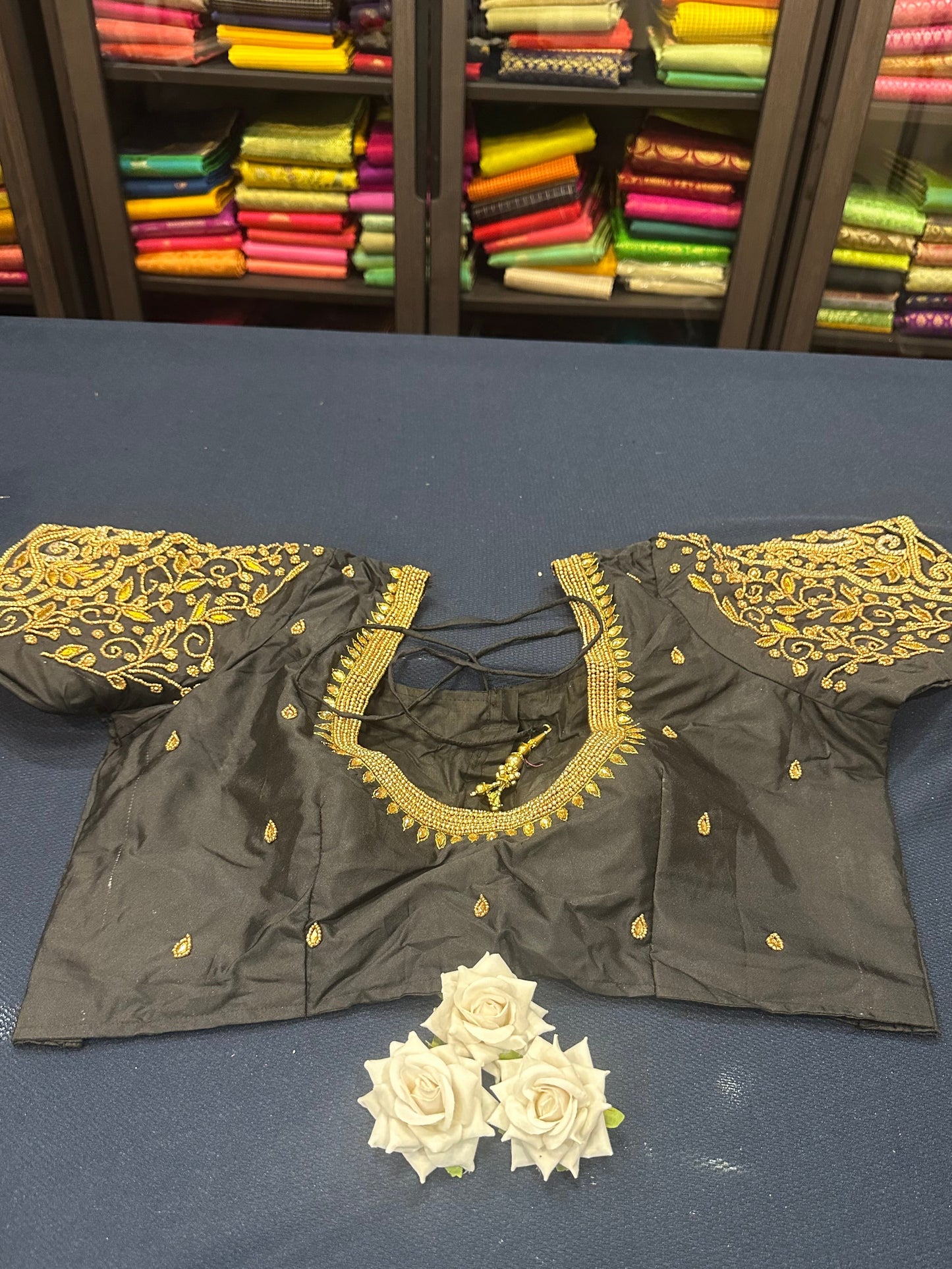 40” Aari hand Worked Sari Blouse Indian Top Choli Silk Black Gold B8