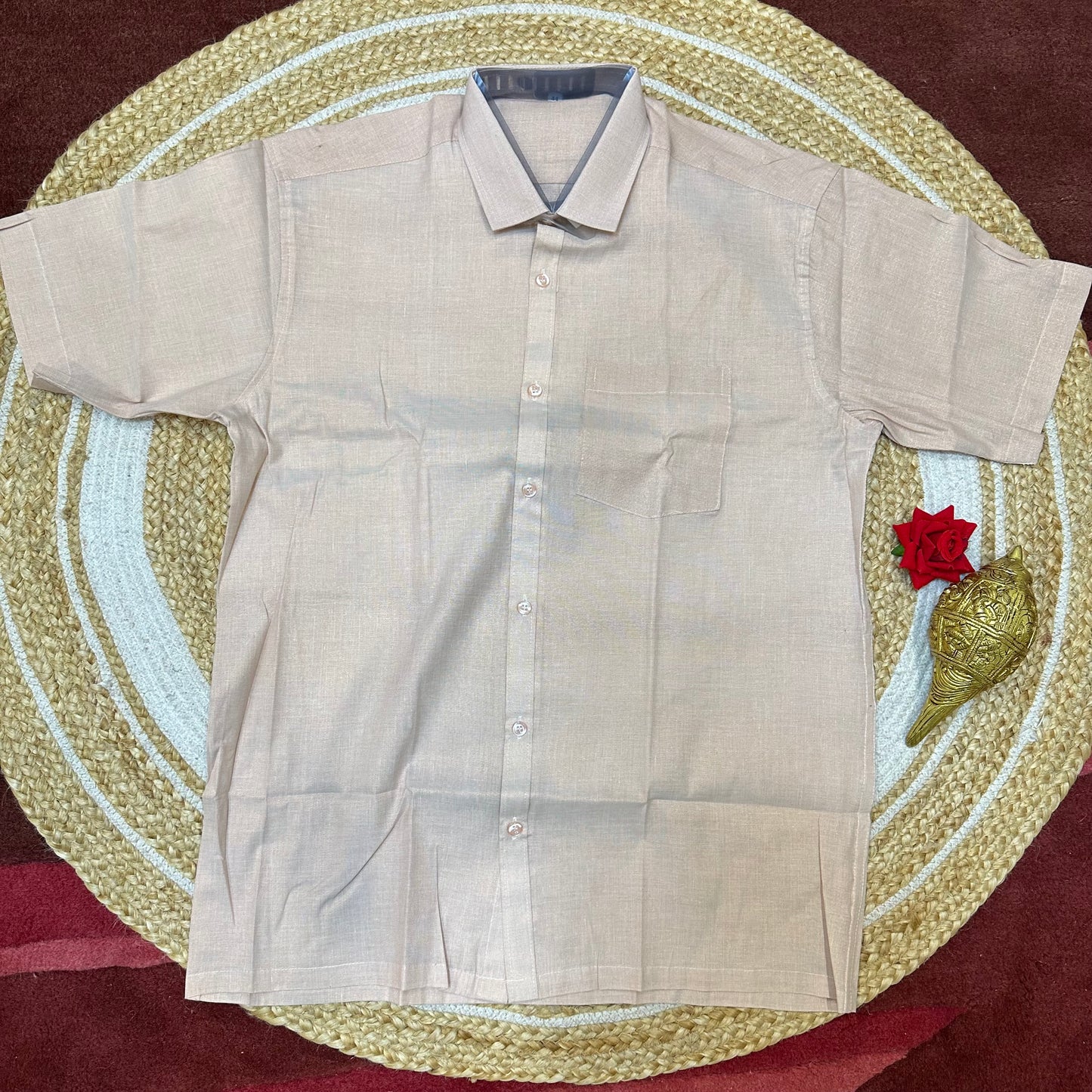 Men’s South Indian Vesti Shirt Combo Rose Gold Copper Tissue Dhotti V11