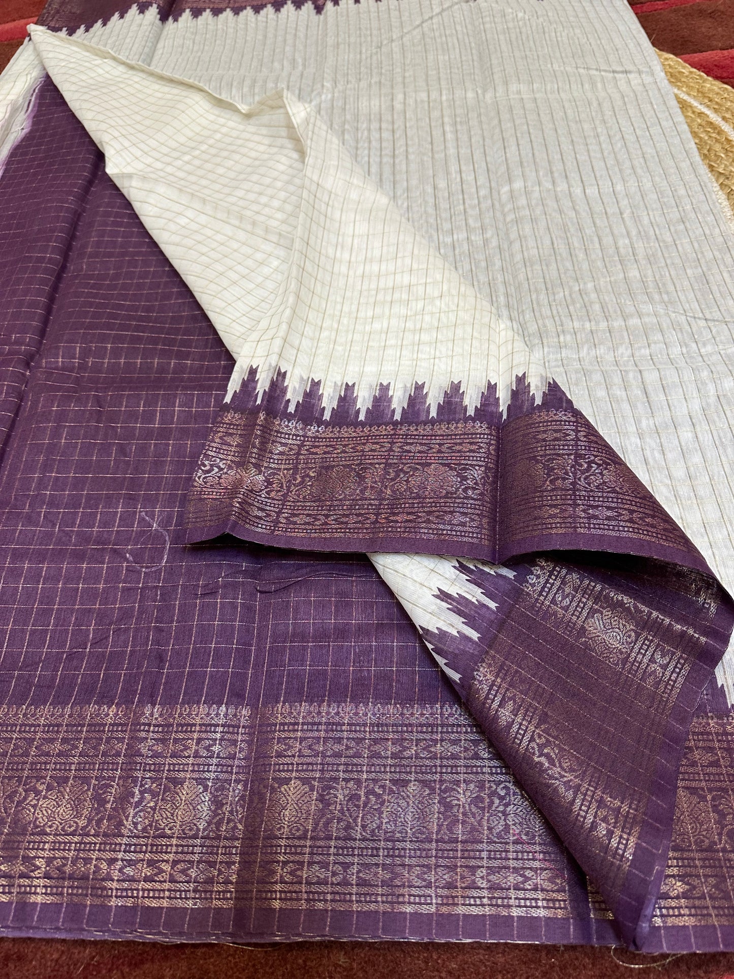 White & Purple Madurai Sungudi Cotton Sari Indian handloom Saree C2