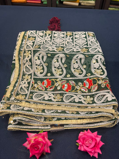 Green heavily embroidered Phulkari dupatta D2