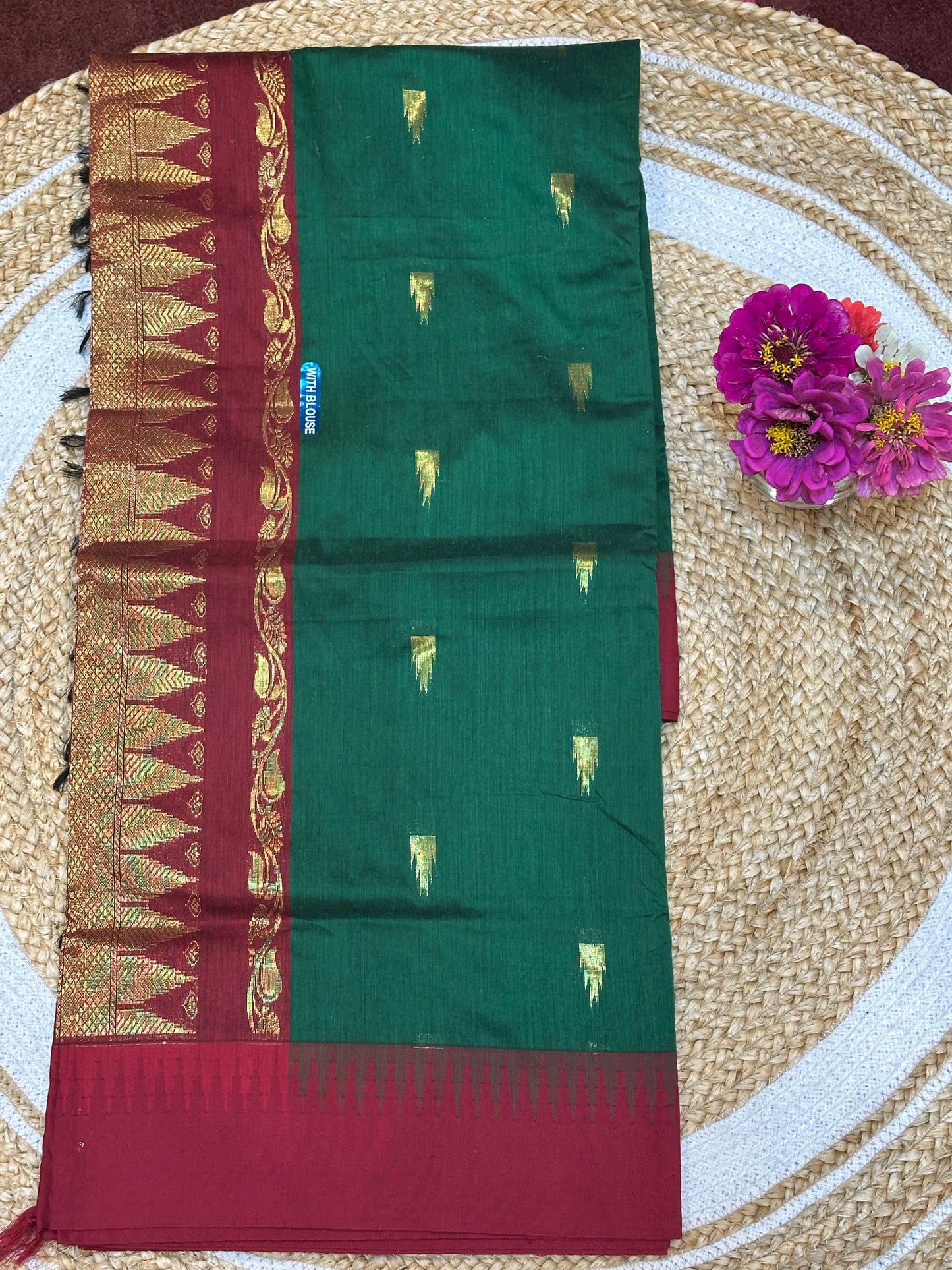 Kalyani Silk Cotton Sari Indian Saree Green Maroon S4