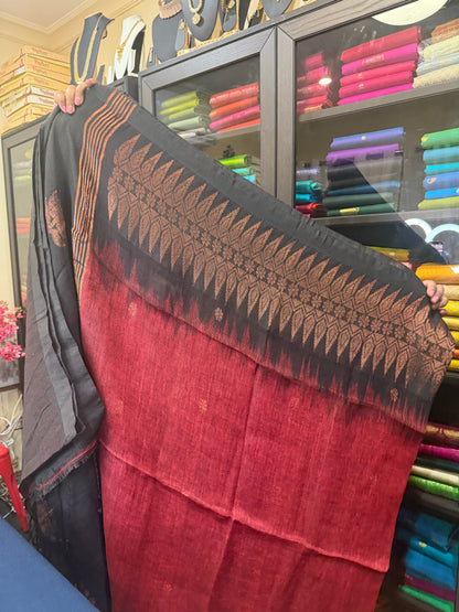 Silk Cotton Linen Sari Indian Saree Copper Jari Maroon Black S129