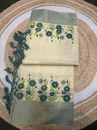 Turquoise Green Kerala Vishu Sari Indian Cream Tissue hand Printed Onam Saree C16