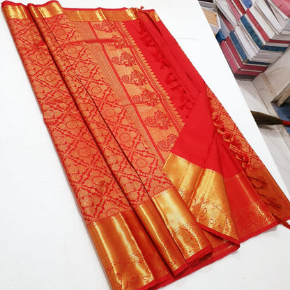 Bridal Kanchipuram Pure Silk Saree Red Gold Kanjivaram Sari| SPK181