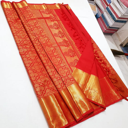 Bridal Kanchipuram Pure Silk Saree Red Gold Kanjivaram Sari| SPK181