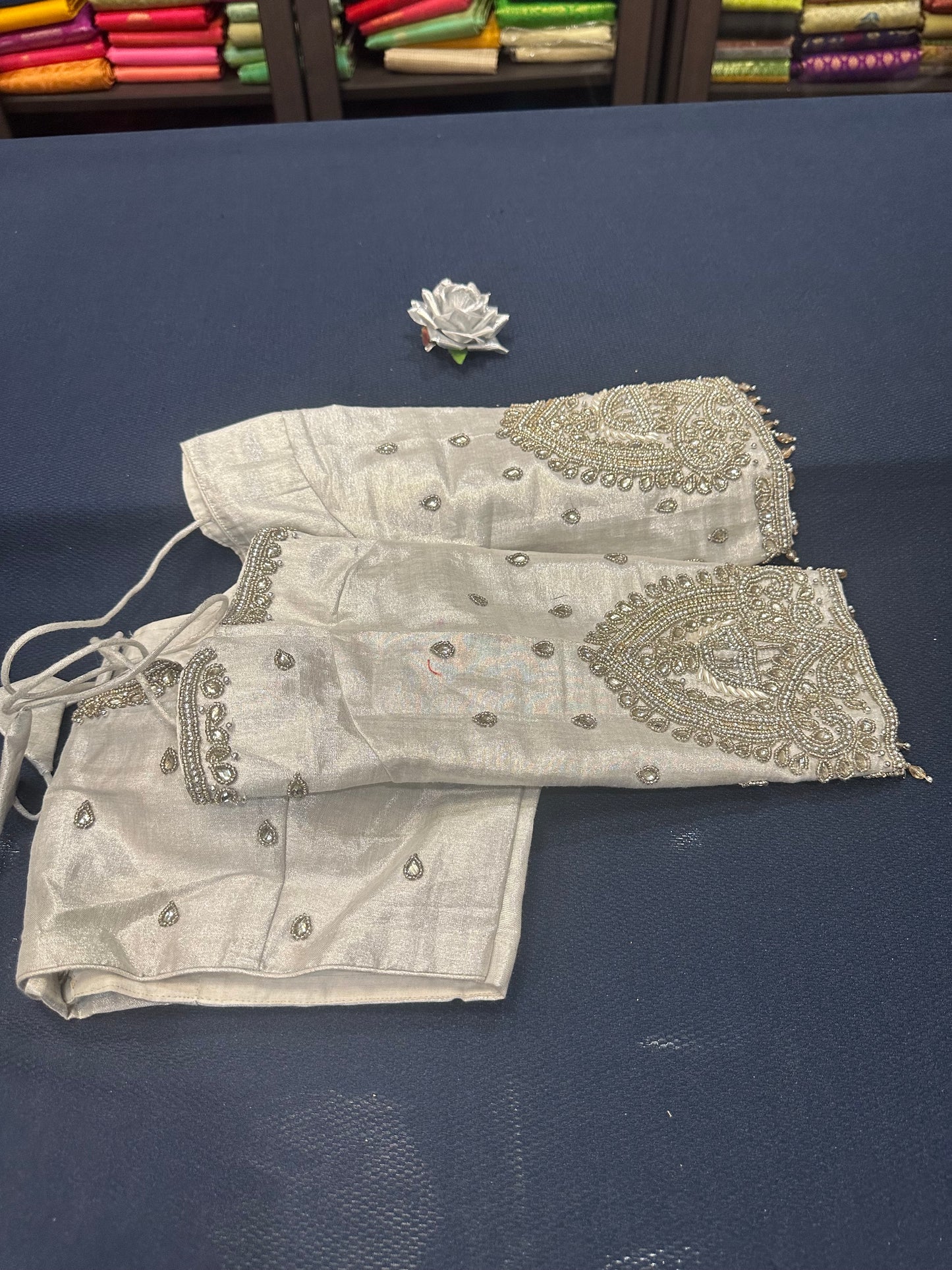 40” Aari hand Worked Sari Blouse Indian Top Choli Silk Silver B23