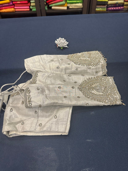 40” Aari hand Worked Sari Blouse Indian Top Choli Silk Silver B23