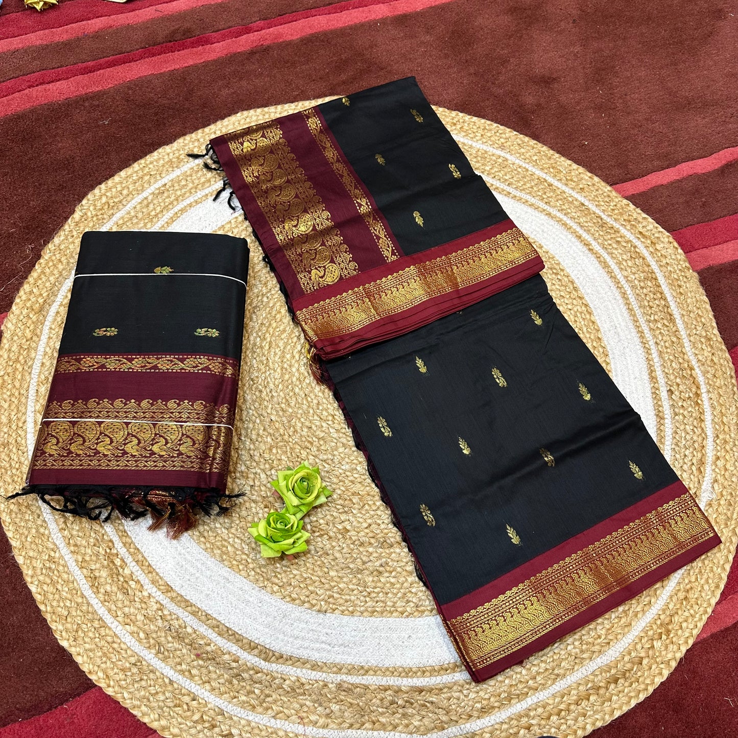 Black & Maroon Kalyani Silk Cotton Sari South Indian Saree S140
