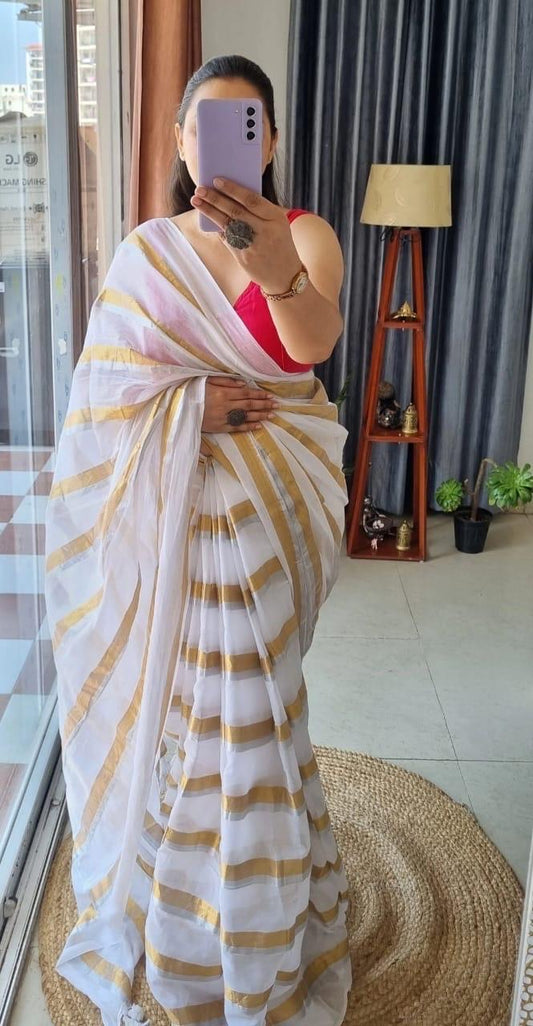 MUL Cotton Sari Indian casual Saree White Gold C28
