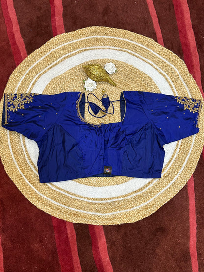 50” Size 20 Aari Worked Sari Blouse Indian Saree Top Silk Blue B54