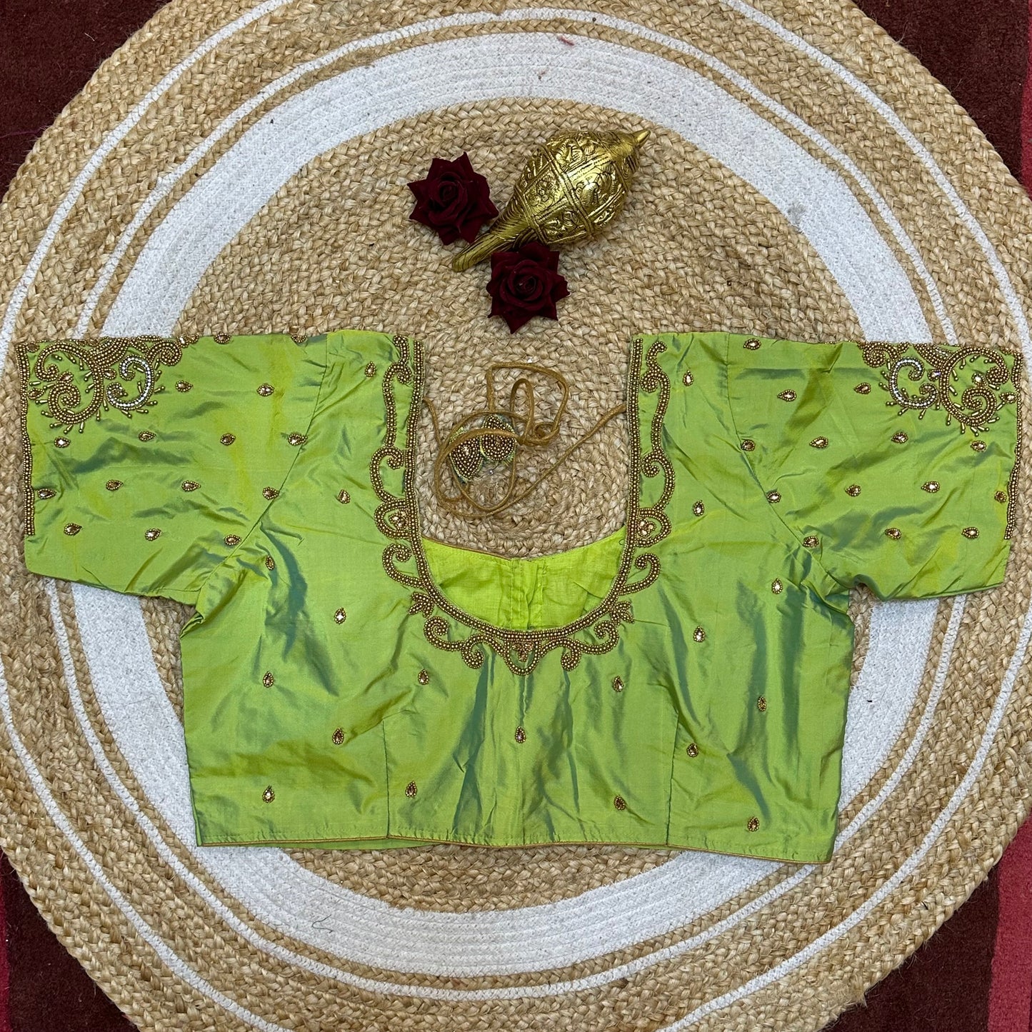 44” Size 14 Aari Worked Sari Blouse Indian Saree Top Silk Apple Green B250