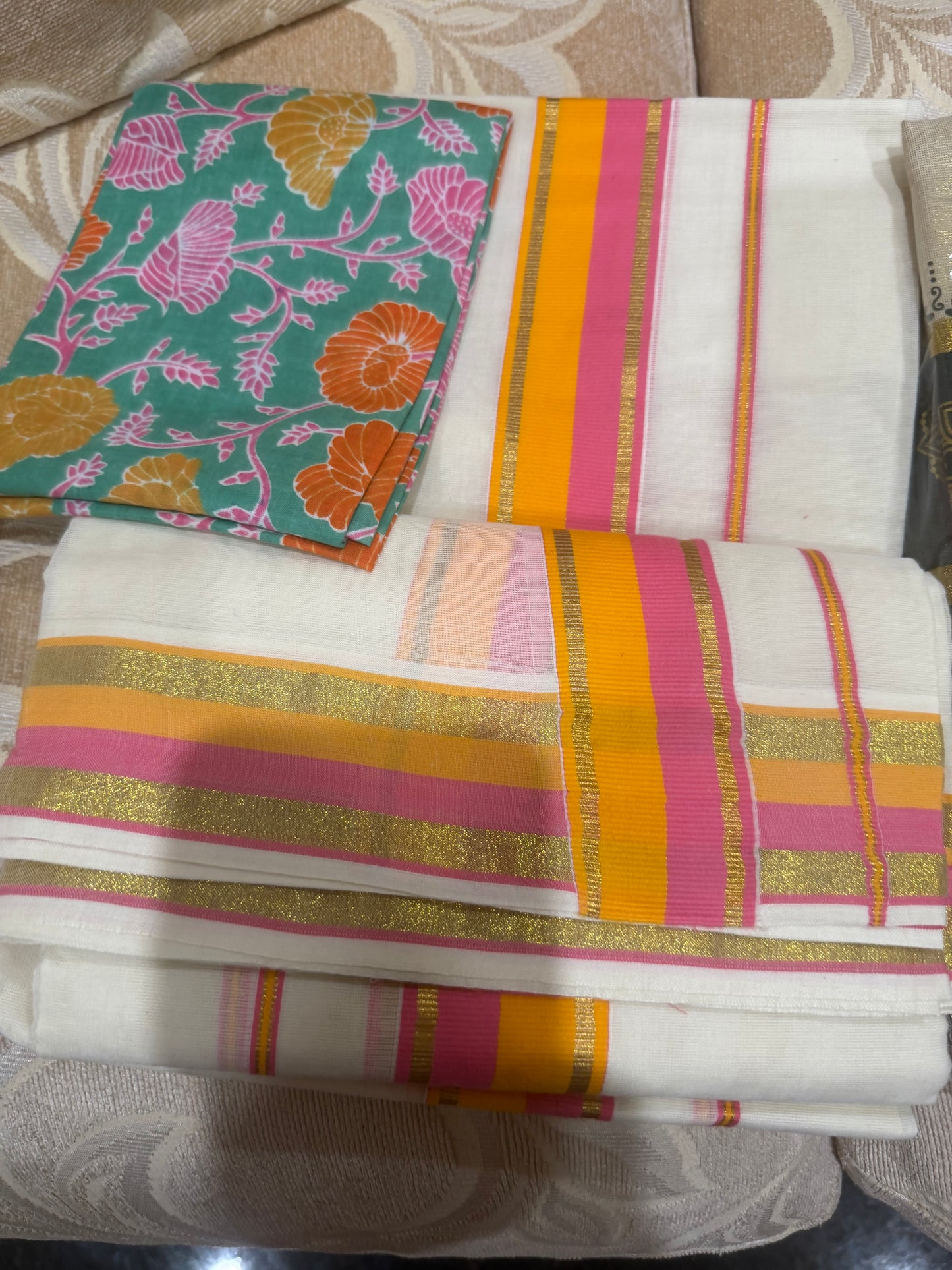 Kerala Multi Set Mundu Vishu Sari Indian hand Printed Kasavu Onam Saree C53