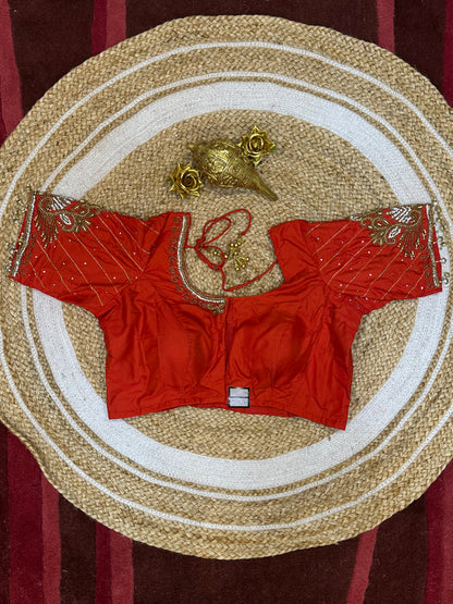 40” Size 10 Aari Worked Sari Blouse Indian Saree Top Silk Orangey Red B87