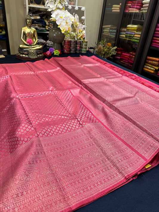 Kerala style Kanchipuram Pure Silk Pink Saree Matt Zari Kanjivaram Sari| SPK136