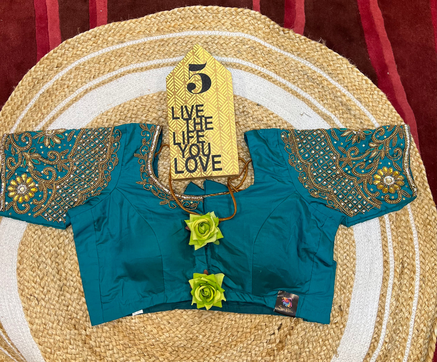 40” Bridal Aari hand Worked Sari Blouse Indian Top Choli Silk Teal Blue B42