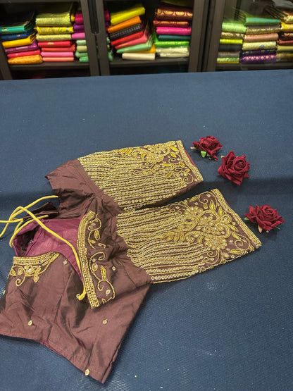 40” Aari hand Worked Sari Blouse Indian Top Choli Silk Maroonish Brown B16