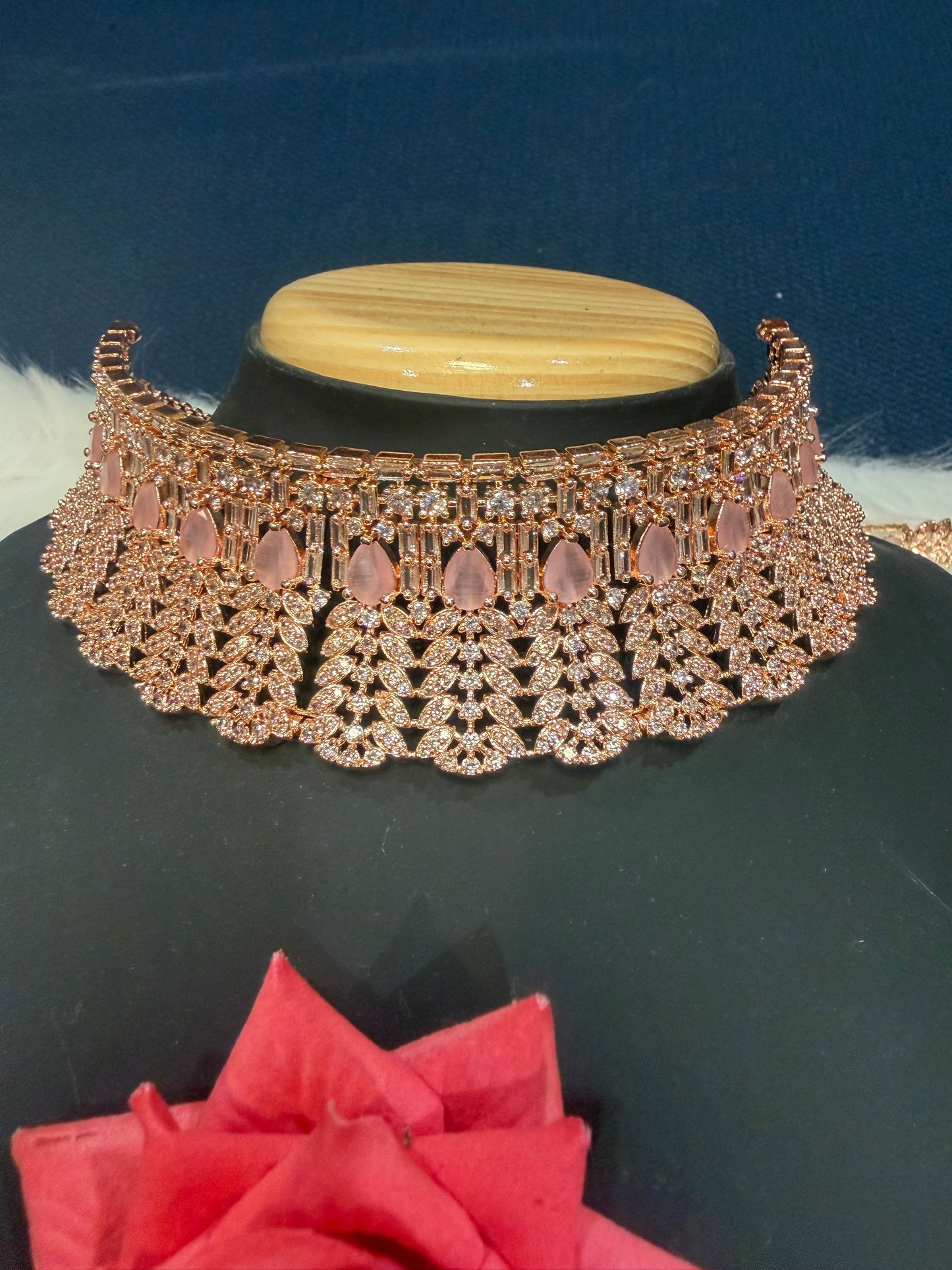 AD American Diamond Indian Rose Gold Necklace set Baby Pink N7