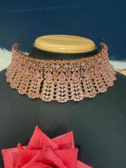 AD American Diamond Indian Rose Gold Necklace set Baby Pink N7