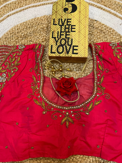 40” Bridal Aari hand Worked Sari Blouse Indian Top Choli Silk Red B37