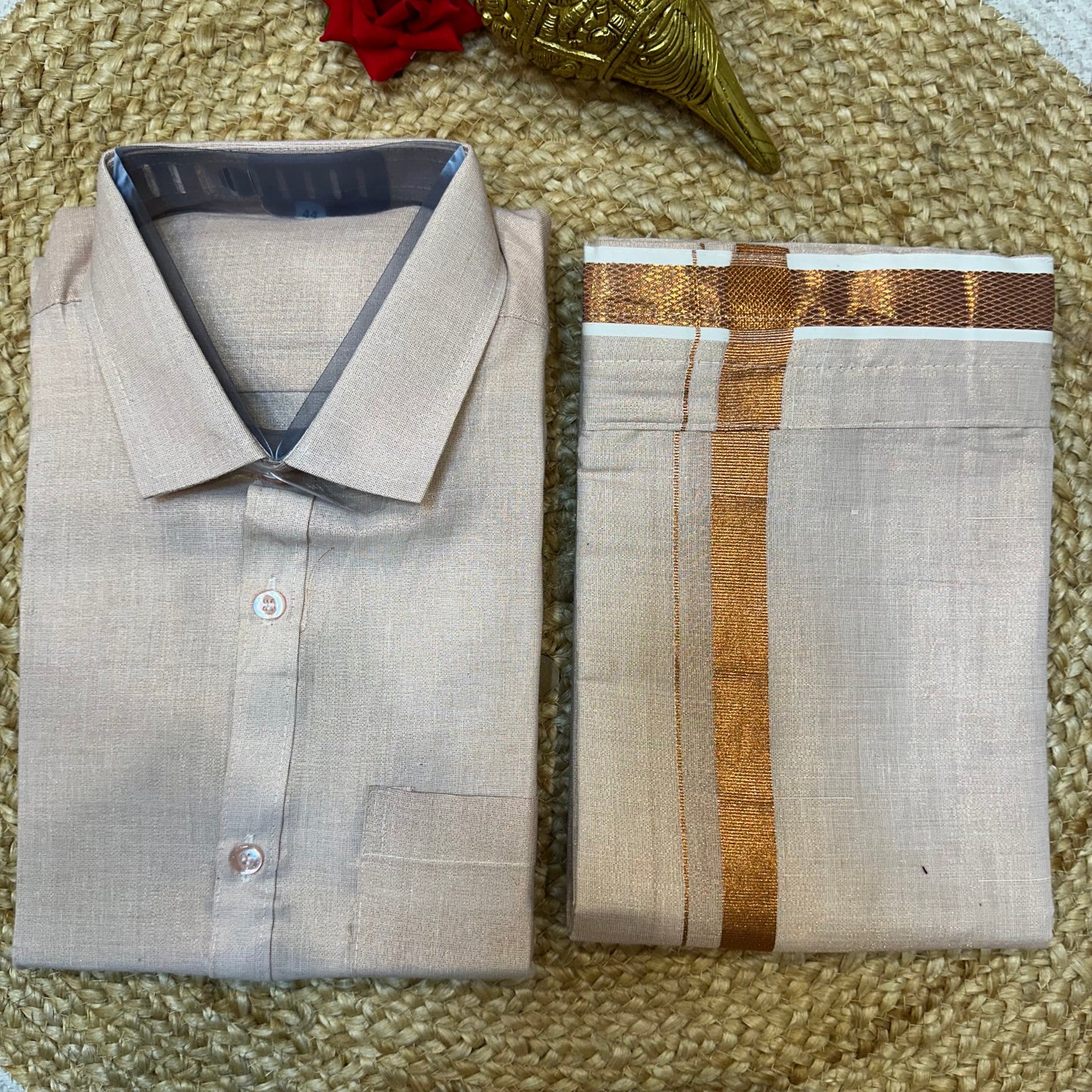 Men’s South Indian Vesti Shirt Combo Rose Gold Copper Tissue Dhotti V11