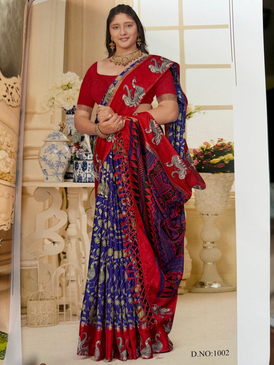 Indian Crape Silk Saree Kalamkari Printed Sari S150