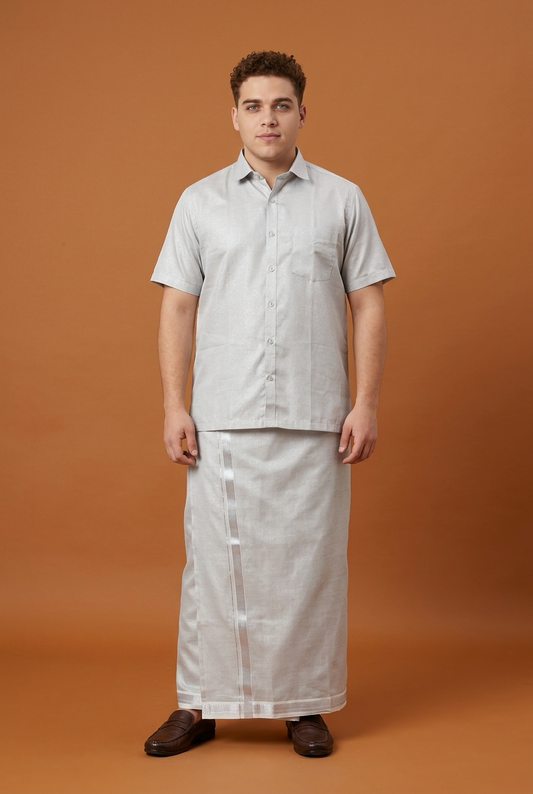 Men’s South Indian Vesti Shirt Combo Tissue Silver Dhotti V2