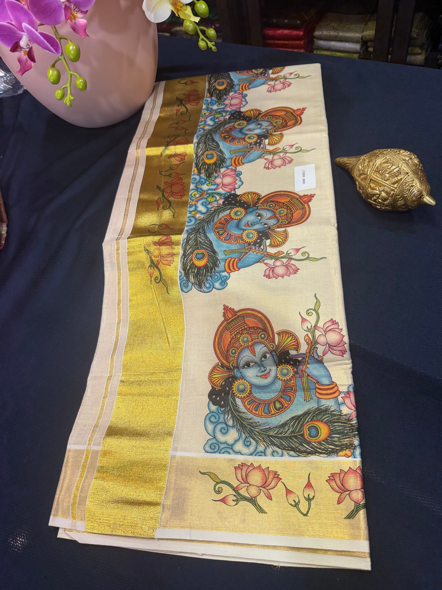 Kerala Vishu Sari Indian Cream Tissue hand Printed Onam Saree C7 - Col 6