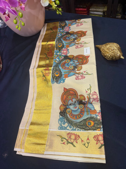 Kerala Vishu Sari Indian Cream Tissue hand Printed Onam Saree C7 - Col 6