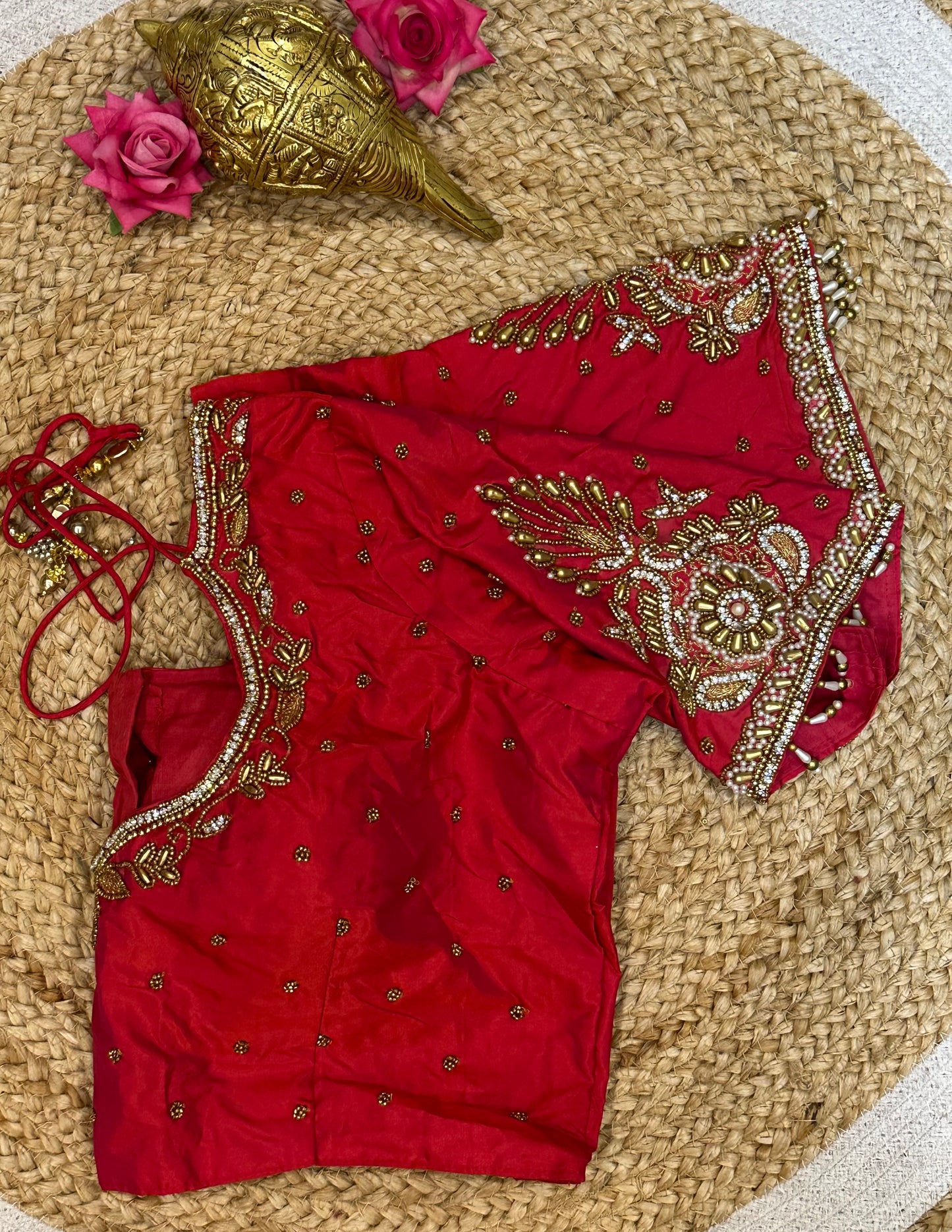 40” Size 10 Aari Worked Sari Blouse Indian Saree Top Silk Red B91