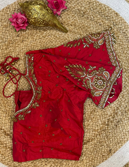 40” Size 10 Aari Worked Sari Blouse Indian Saree Top Silk Red B91