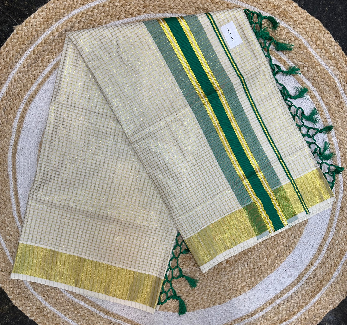 Red Kerala Vishu Sari Indian hand Printed Kasavu Onam Saree C22 Col 2