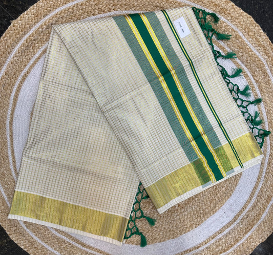 Green Kerala Vishu Sari Indian hand Printed Kasavu Onam Saree C22 Col 3