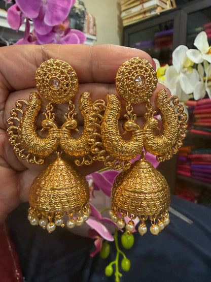 Golden Jumka Jhumka Indian Brass Earrings Jimikki Kammal Indian Jewellery E26