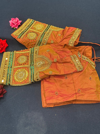 40” Aari hand Worked Sari Blouse Indian Top Choli Silk Rusty Orange B19