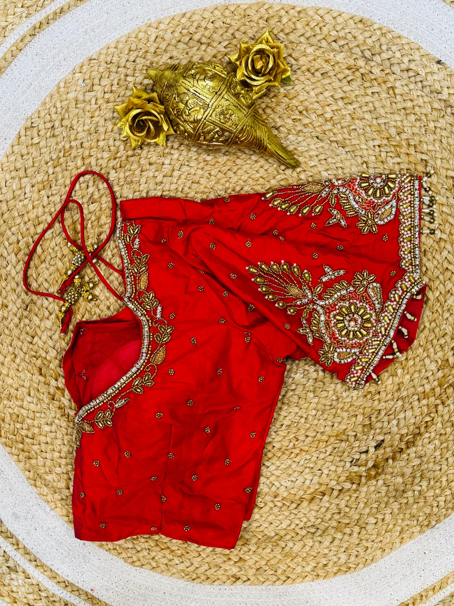 40” Size 10 Aari Worked Sari Blouse Indian Saree Top Silk Red B71