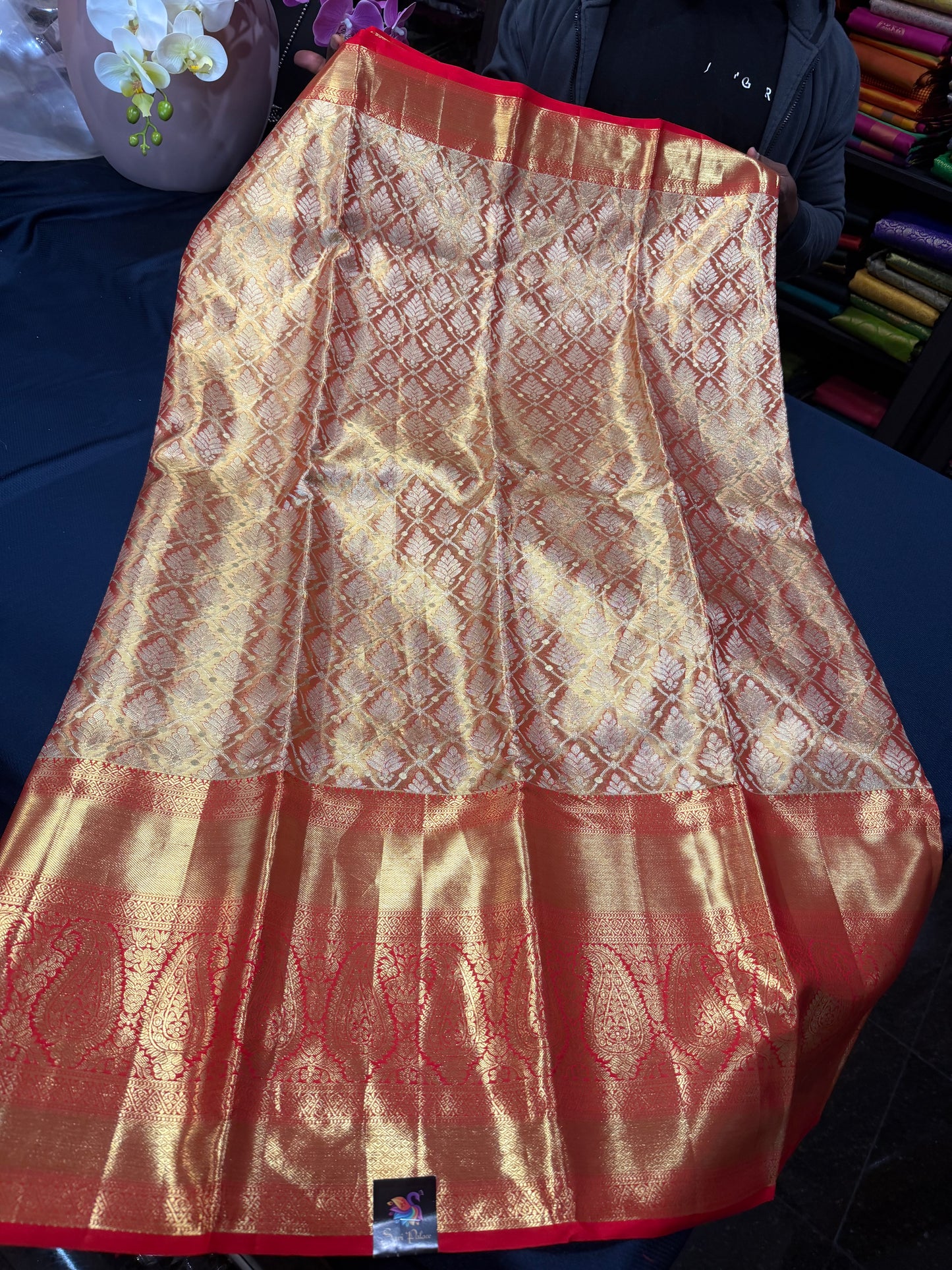 Bridal Tissue Kanchipuram Pure Silk Saree Gold & Red Kanjivaram Sari| SPK153