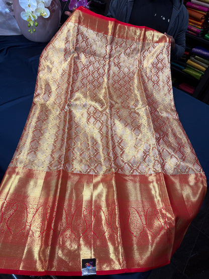 Bridal Tissue Kanchipuram Pure Silk Saree Gold & Red Kanjivaram Sari| SPK153