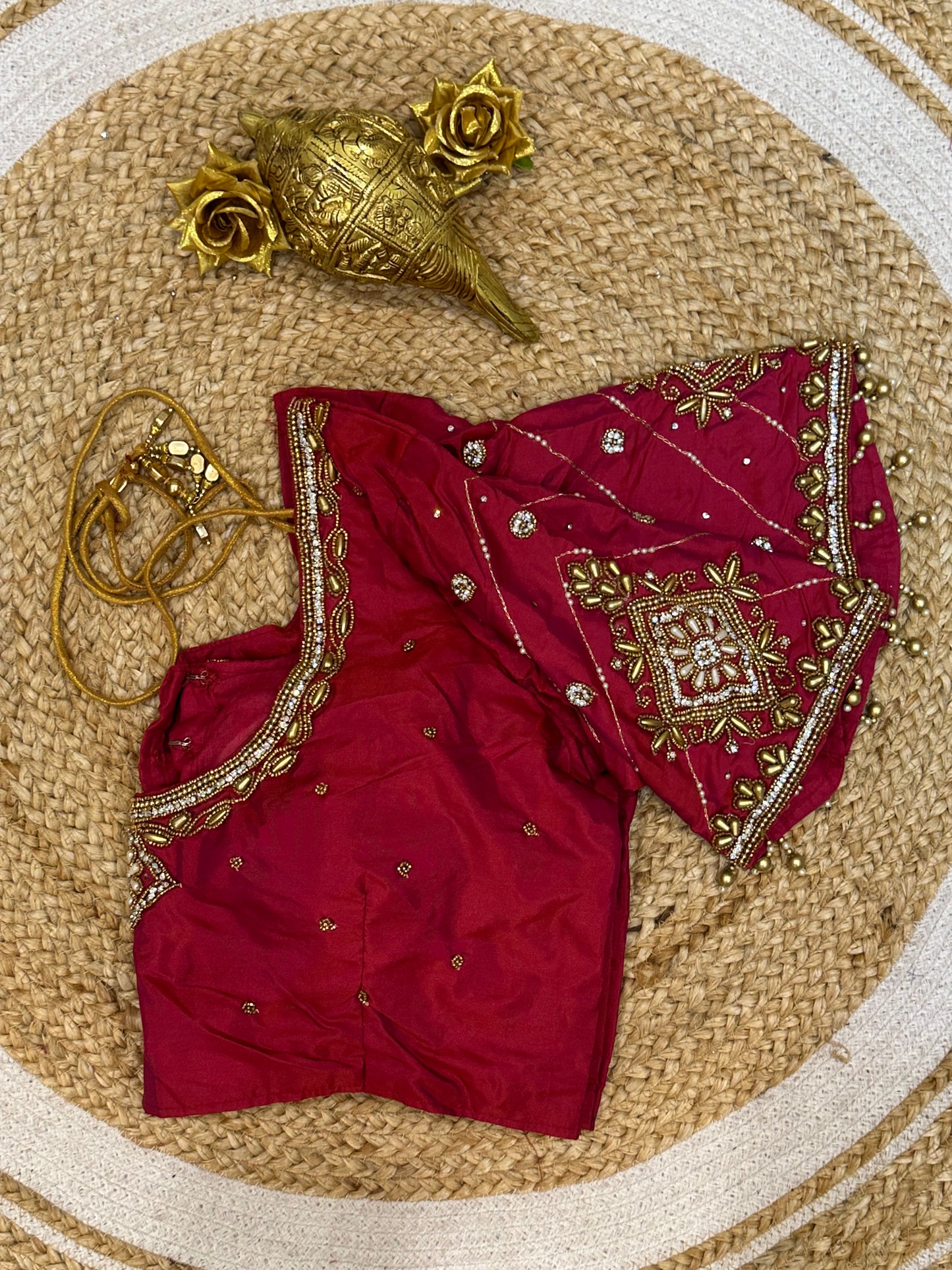 40” Size 10 Aari Worked Sari Blouse Indian Saree Top Silk Pinkish Red B73