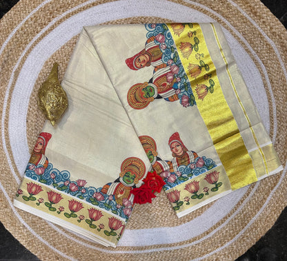 Kerala Vishu Sari Indian Cream Tissue hand Printed Onam Saree C7 - Col 4