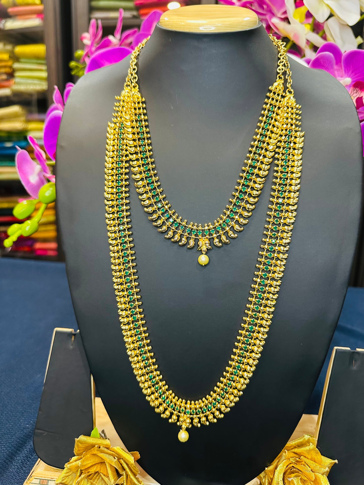 Forming Gold Indian Necklace Kerala Jewellery Green N44