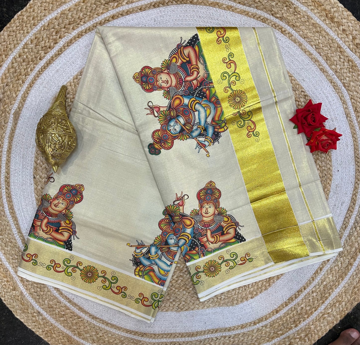 Kerala Vishu Sari Indian Cream Tissue hand Printed Onam Saree C7 - Col 6
