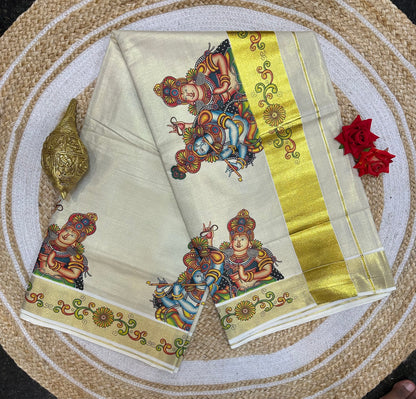 Kerala Vishu Sari Indian Cream Tissue hand Printed Onam Saree C7 - Col 6