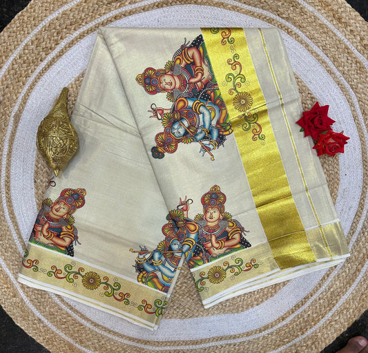 Kerala Vishu Sari Indian Cream Tissue hand Printed Onam Saree C7 - Col 6