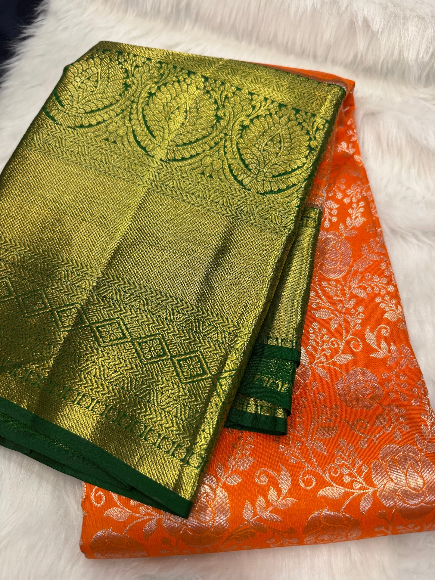 Kanchipuram Pure Silk Saree with Gold Zari Orange & Green Sari| SPK103