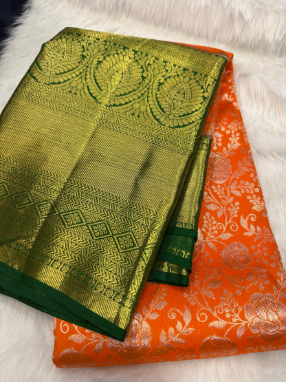 Kanchipuram Pure Silk Saree with Gold Zari Orange & Green Sari| SPK103